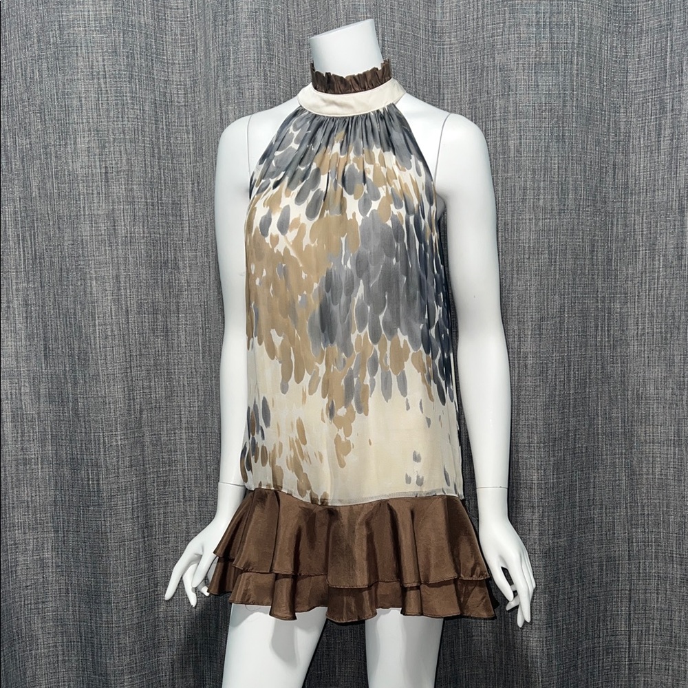 RARE Twentyone Sleeveless Silk Ruffle Hem Mini Dress Brown Cream NWOT S